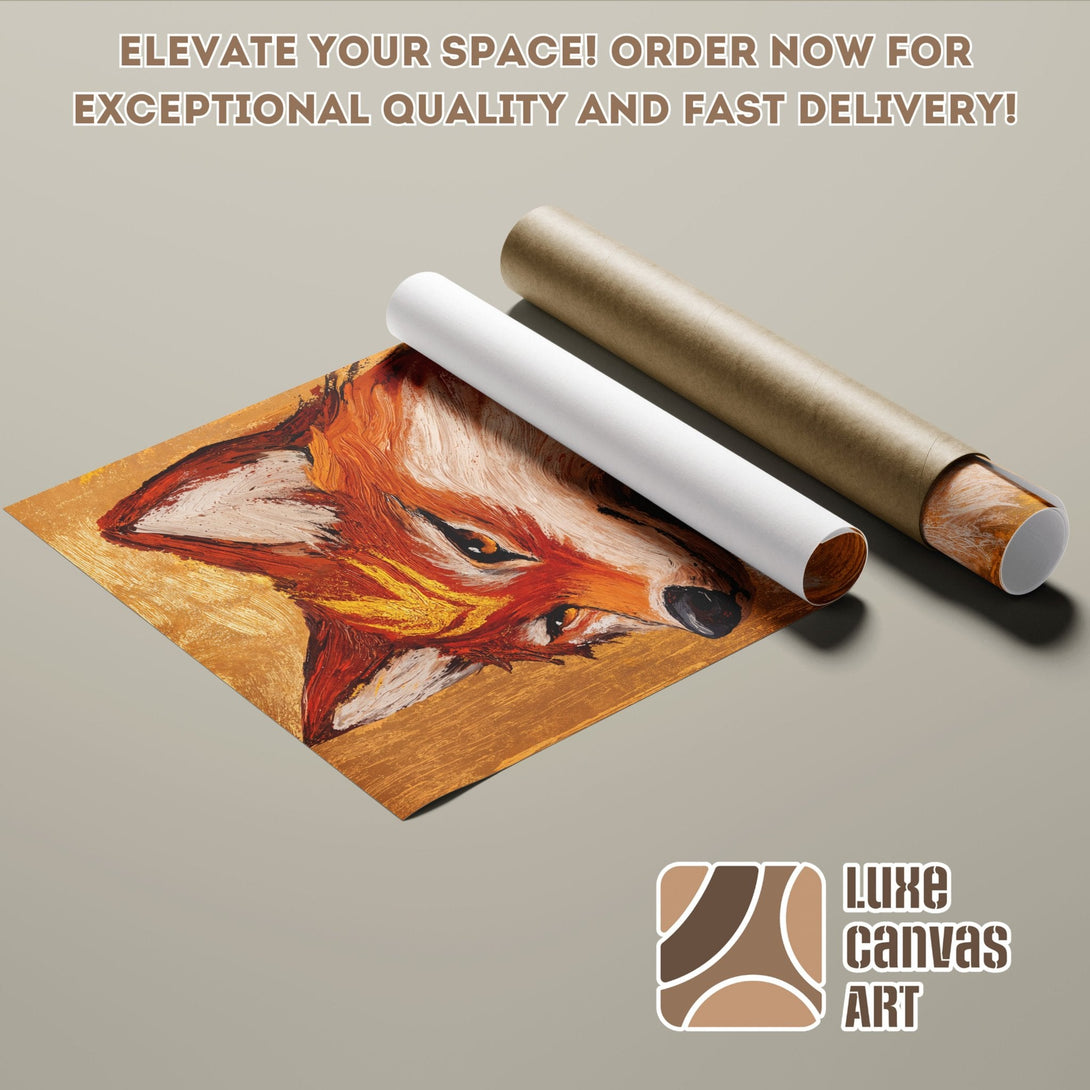 Poster Roll featuring a vibrant fox painting in warm orange and gold tones. Elevate your space with this art poster!