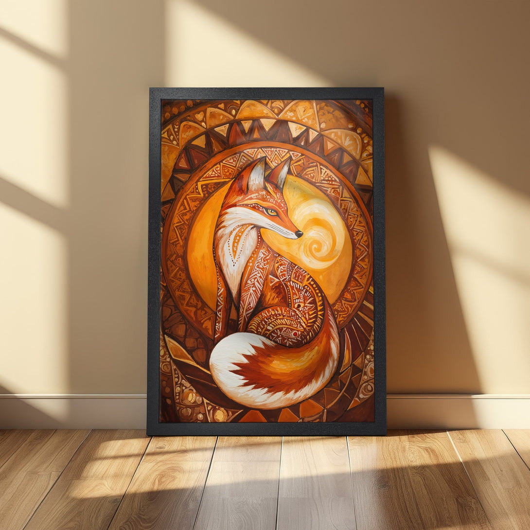Framed Poster featuring a stylized fox illustration in warm orange and brown tones, perfect for adding a touch of nature-inspired art.