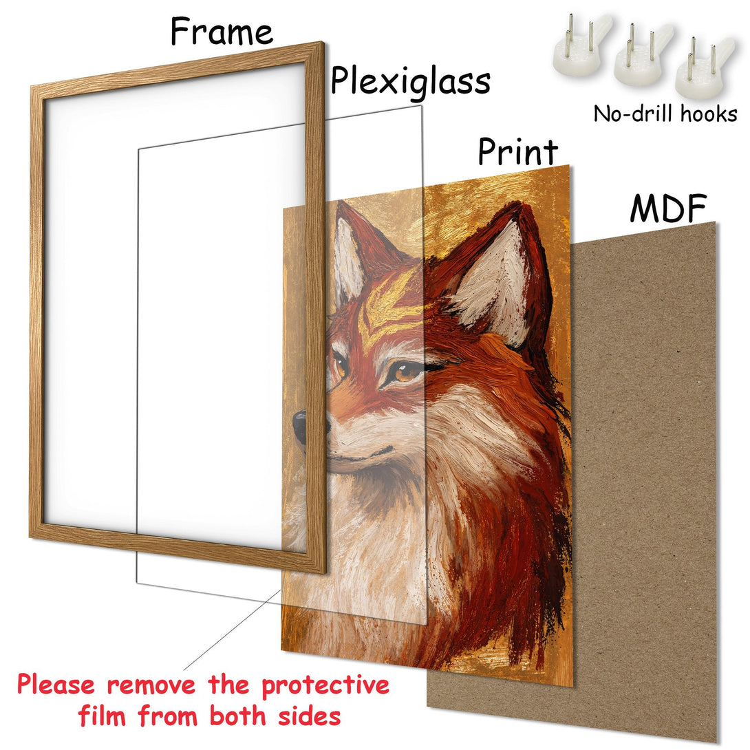 Framed Poster featuring a majestic fox in warm red and gold tones. Perfect art for your home!