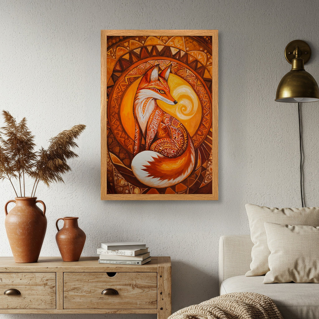 Framed Poster of a stylized fox in warm orange tones. Perfect for adding a touch of nature and art to your home decor.