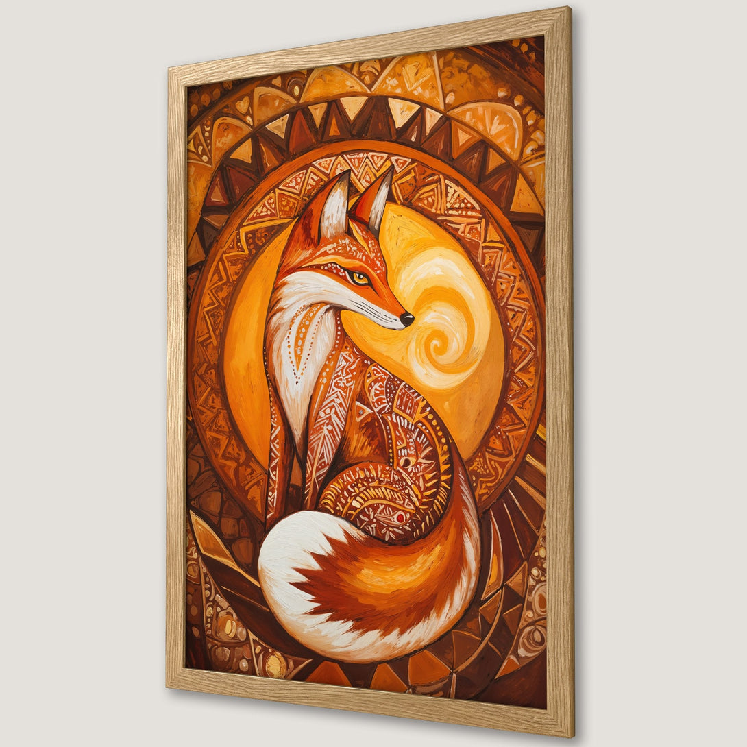Framed Poster featuring a stylized fox in warm orange and brown tones. Perfect art for your home!