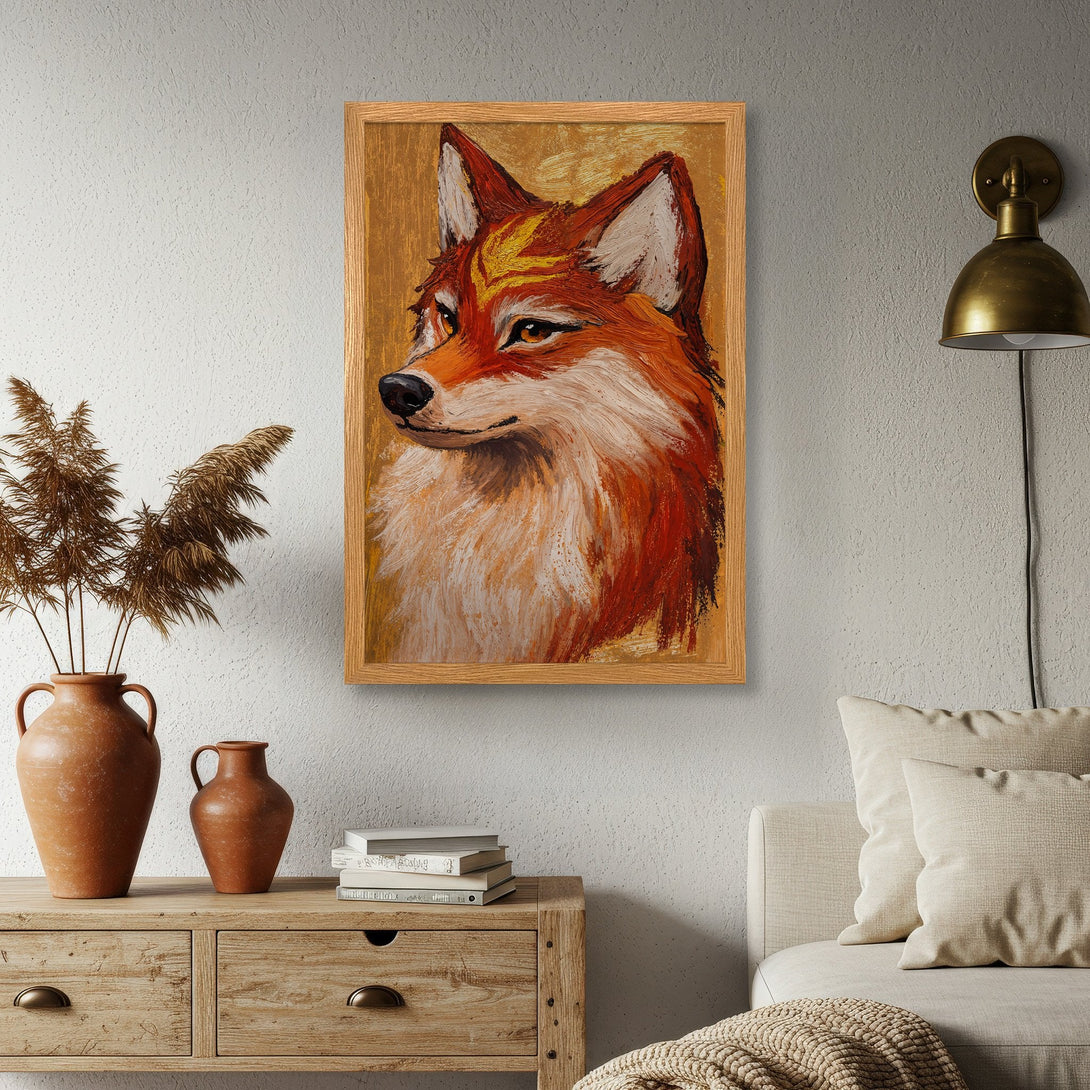 Framed Poster featuring a vibrant fox portrait in warm orange and brown tones. Perfect art for your home!