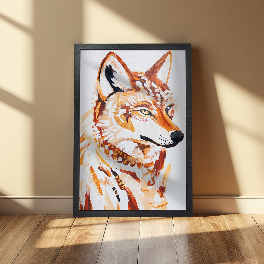 Framed Poster featuring a watercolor-style wolf portrait in warm orange and brown tones. Perfect for adding a touch of nature to your decor.