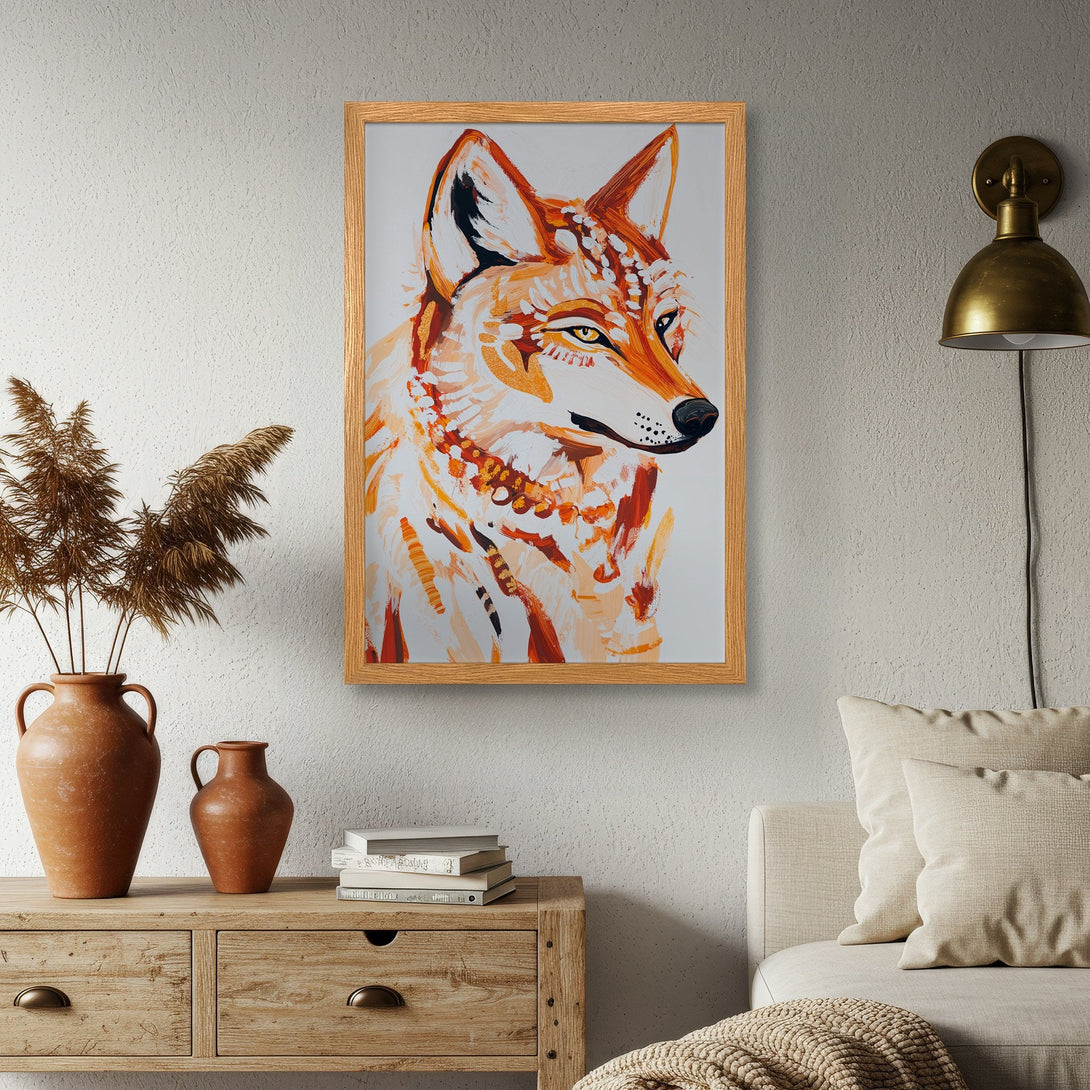 Framed Poster featuring an abstract wolf painting in warm orange tones. Perfect wall art for a cozy, stylish home.