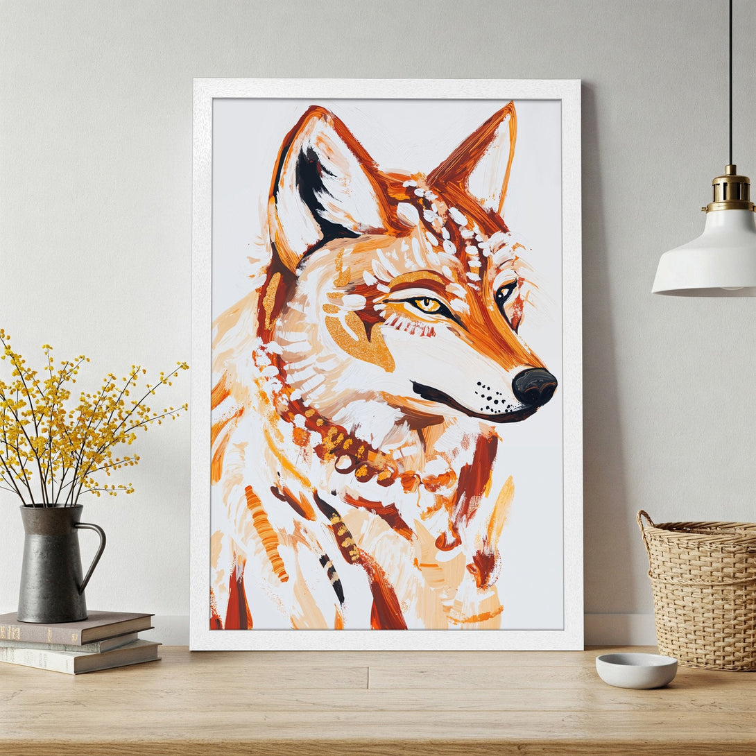 Framed Poster featuring a stylized wolf painting in warm orange and white tones. Modern art for your home.