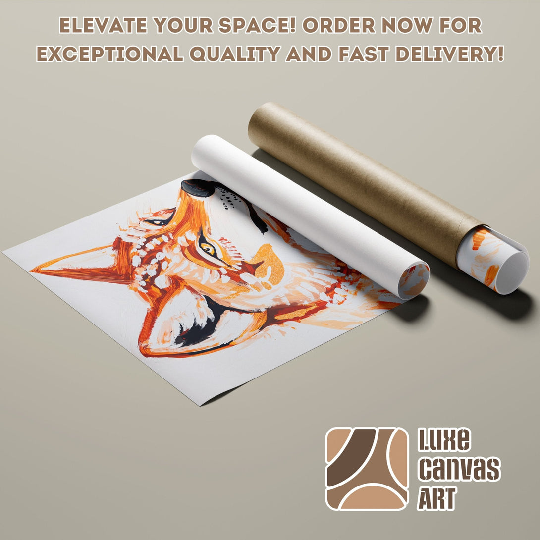 Poster Roll featuring an abstract fox art print in warm orange and white tones. Elevate your space with Luxe Canvas Art!
