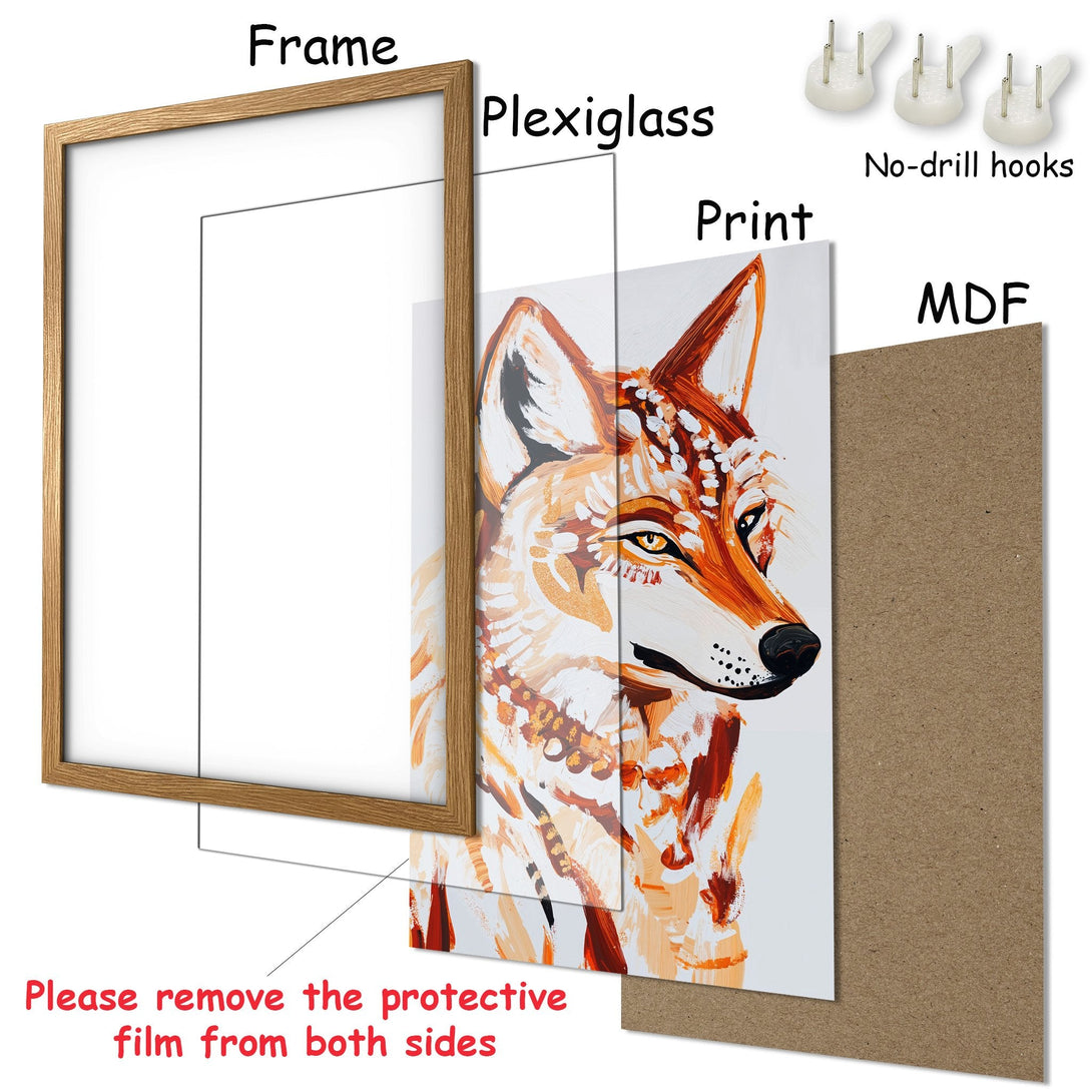 Framed Poster featuring a stylized wolf in warm orange and brown tones. Perfect wall art for any room!