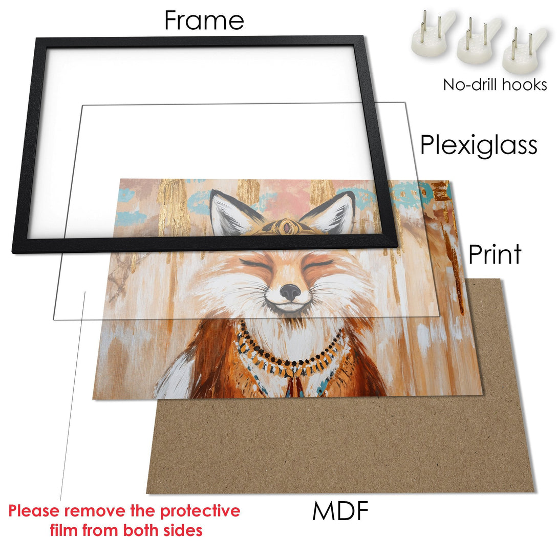 Framed Poster of a serene fox in warm, earthy tones. Artistic style with gold accents. Perfect wall art for your home!