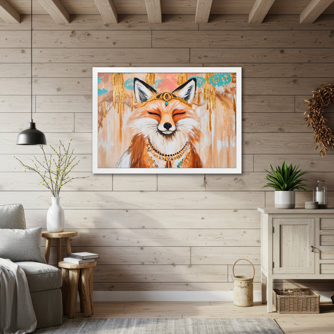 Framed Poster featuring a whimsical fox in warm tones with gold accents. Perfect wall art for a cozy, bohemian style home.