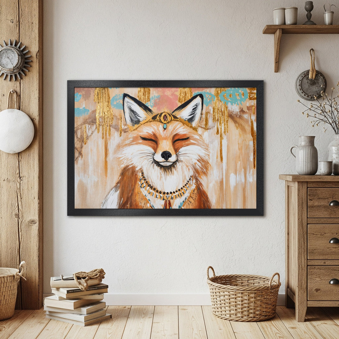 Framed Poster of a regal fox in a bohemian style, featuring warm earth tones and gold accents. Add a touch of whimsy!