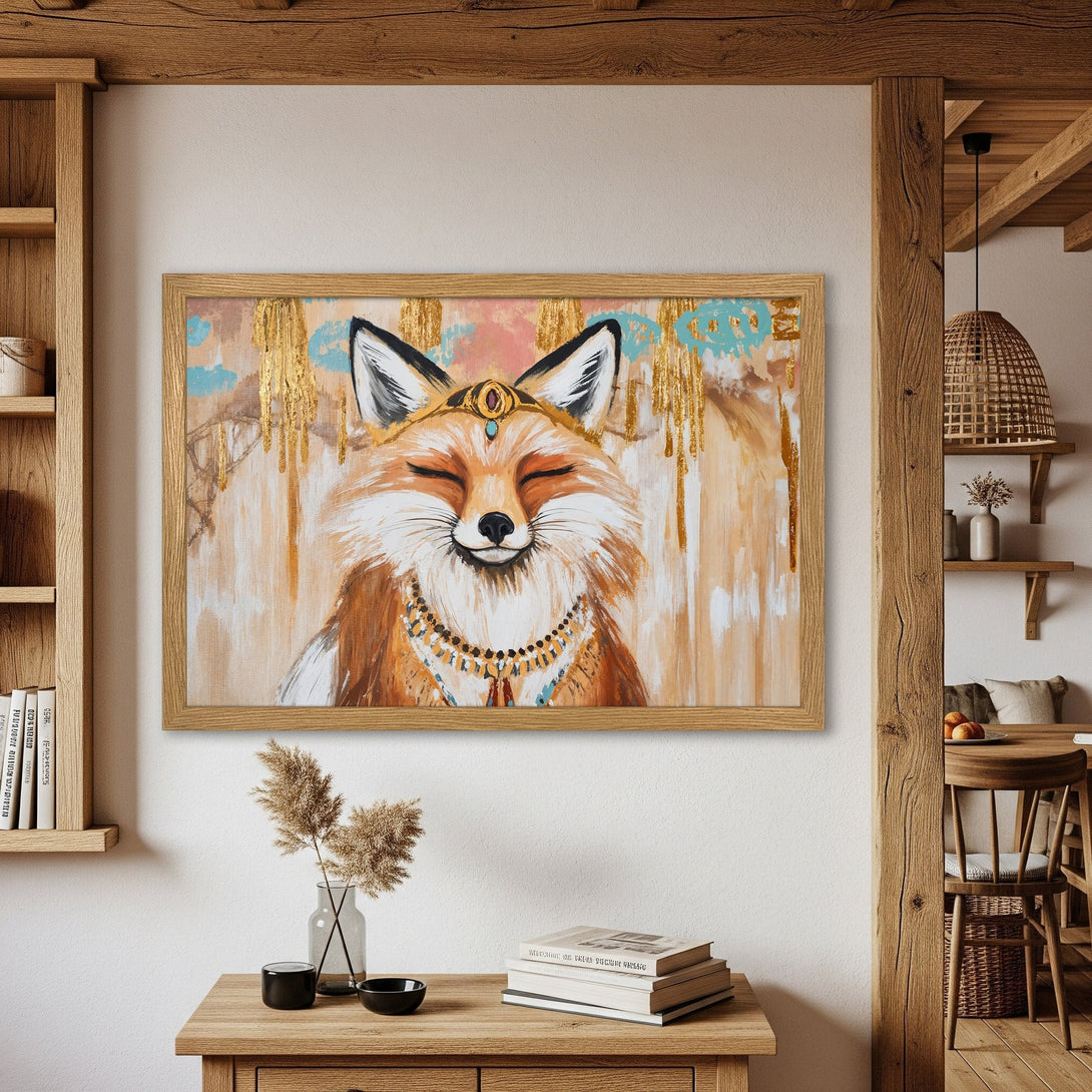 Framed Poster featuring a whimsical fox illustration in a warm, earthy color palette with gold accents. Perfect wall art!