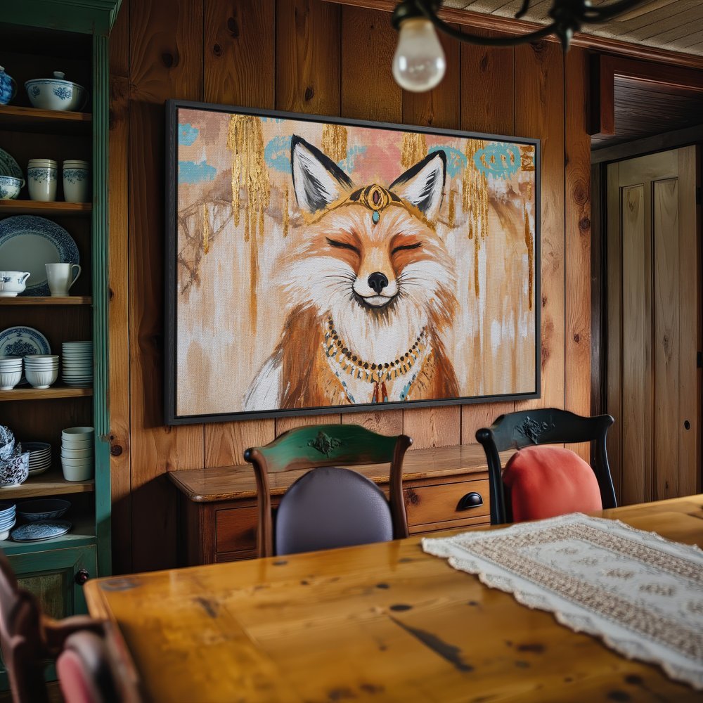 Framed Wall Art: Smiling fox portrait in warm, earthy tones. Boho style Canvas Print adds a touch of whimsy to any space.