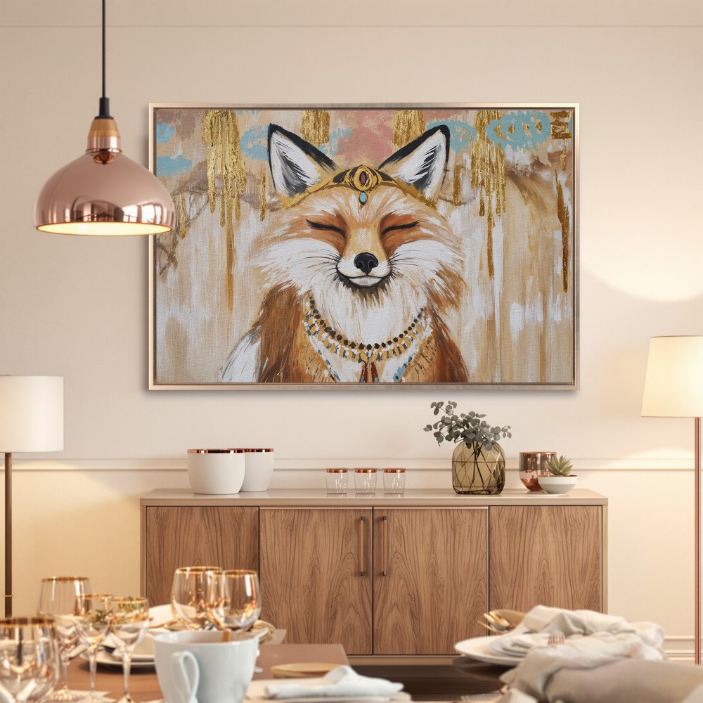 Framed Wall Art: Smiling fox portrait in warm, earthy tones. Bohemian style Canvas Print adds a touch of whimsy to any space.