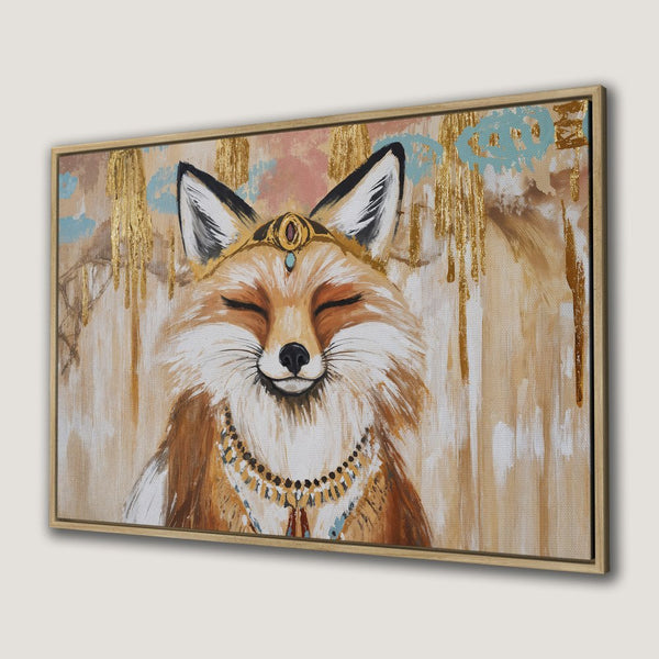Framed Wall Art: Regal fox portrait in warm, earthy tones with gold accents. Boho style Canvas Print perfect for your home decor.