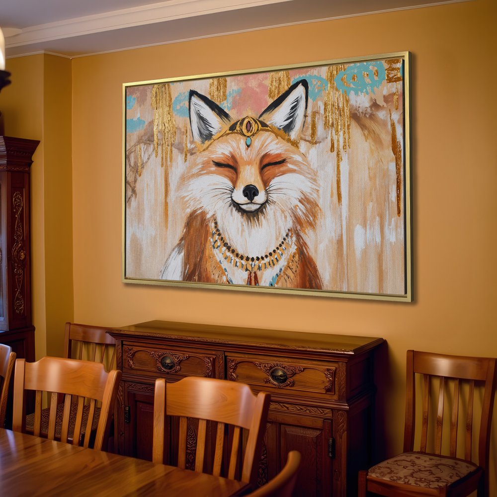 Canvas Print of a smiling fox in boho style, warm neutral tones. Perfect for living room decor.