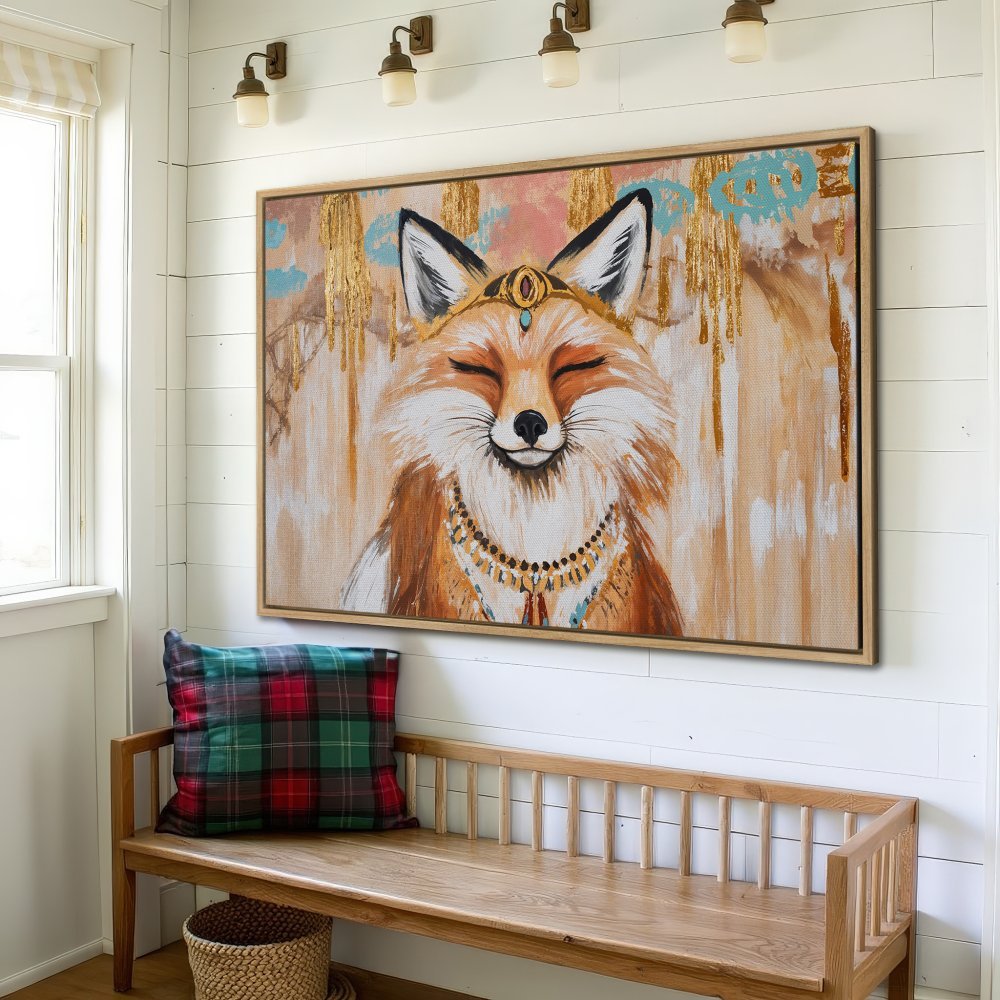 Framed Wall Art: Smiling fox painting in warm earth tones with gold accents. Boho style Canvas Print perfect for any room.