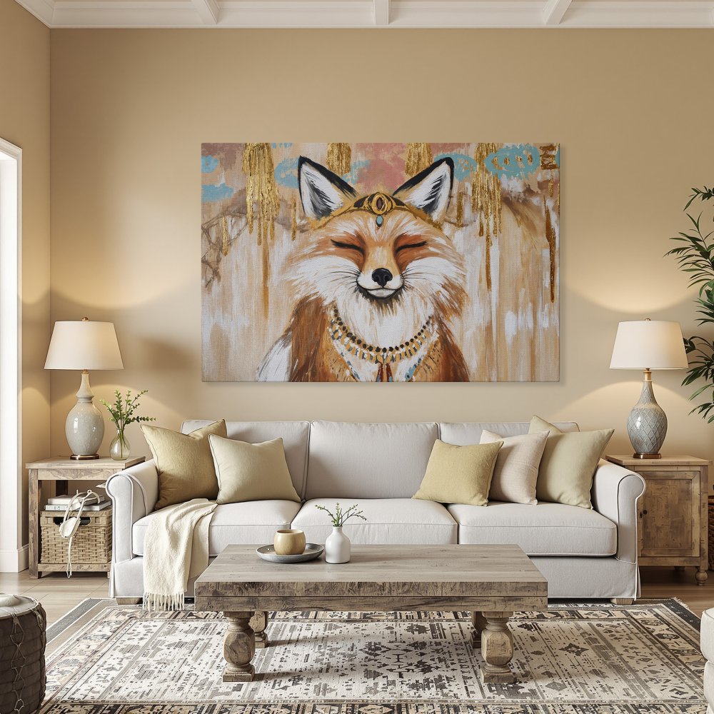 Framed Wall Art: Majestic fox portrait with warm, earthy tones. Modern abstract style, perfect for adding a touch of whimsy to your home decor.
