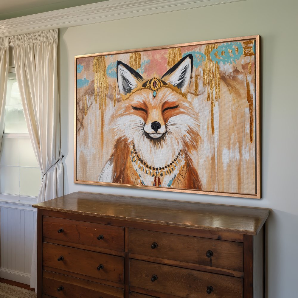 Framed Wall Art: Smiling fox portrait in warm tones. Boho style Canvas Print with gold accents, perfect for adding character to your home decor.
