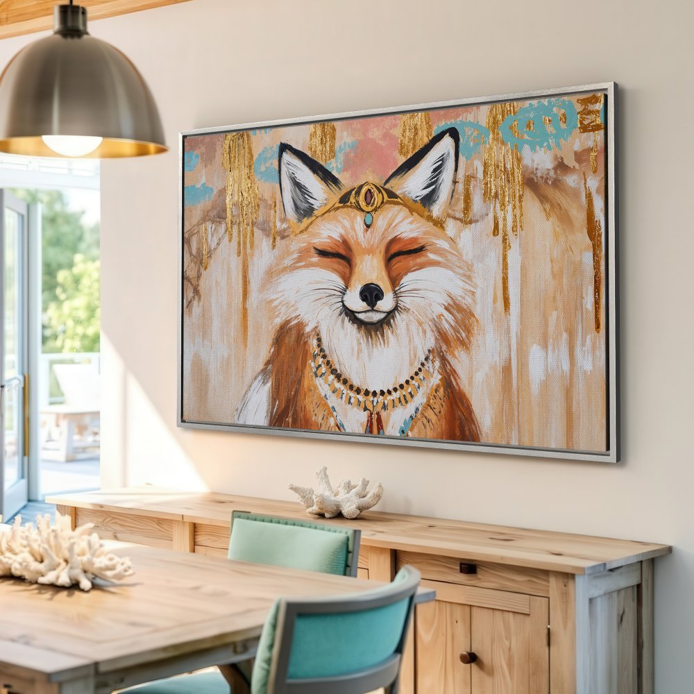 Framed Wall Art: Bohemian fox portrait in warm earth tones with gold accents. Perfect for adding a touch of whimsy to your home decor.