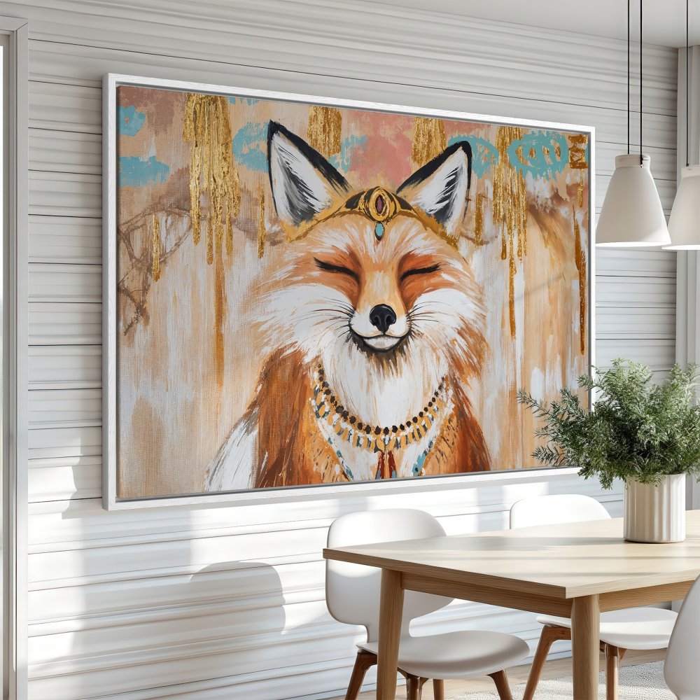 Framed Wall Art: Smiling fox portrait in warm tones with gold accents. Perfect for adding a touch of whimsy and style to your home decor.