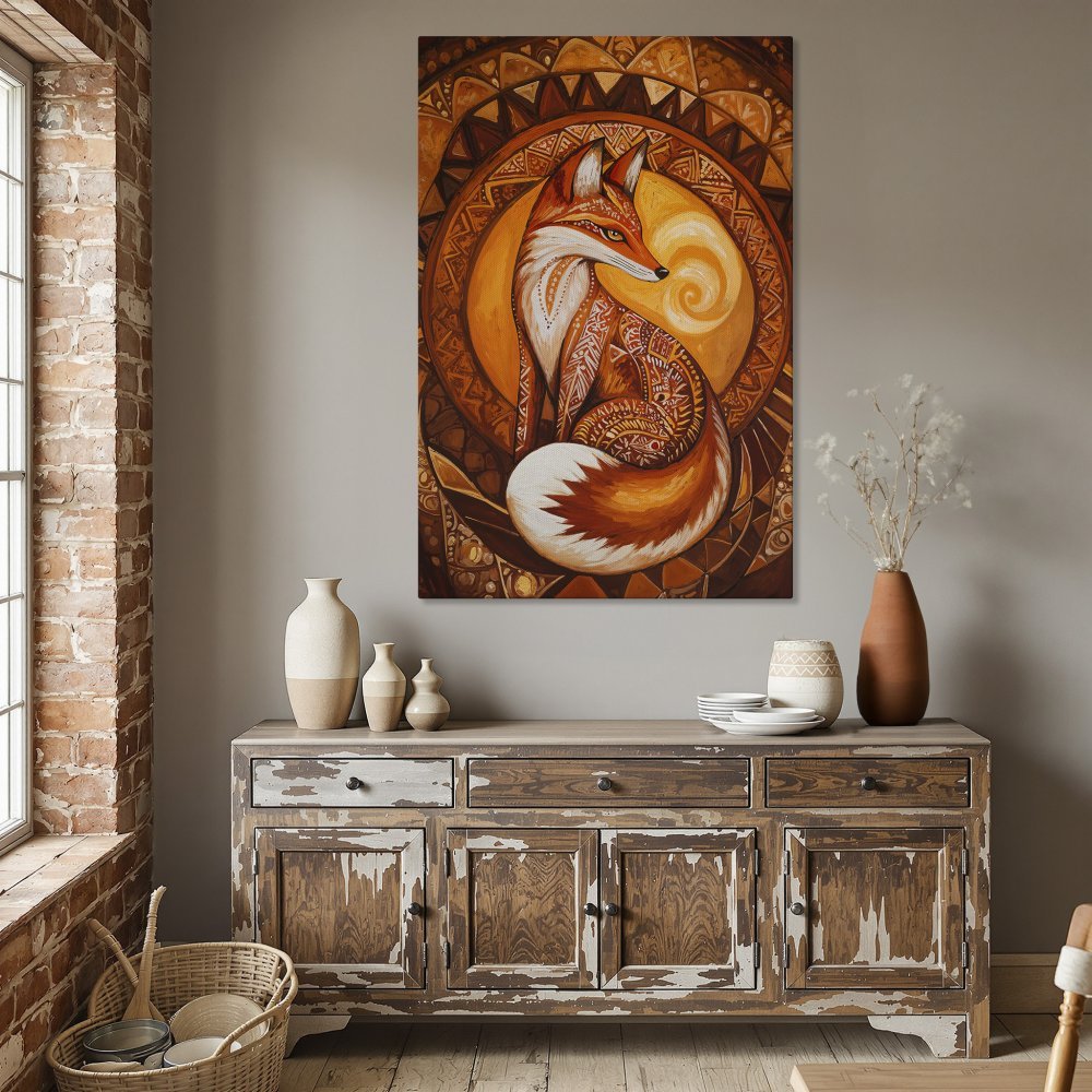 Framed Wall Art: Ornate fox art in warm orange and brown tones. Perfect for adding a touch of boho style to your dining room. Shop now!