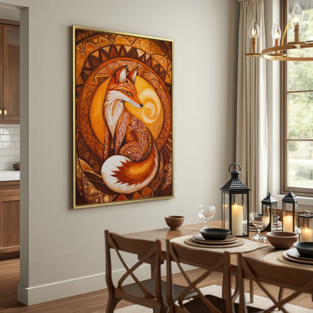 Canvas Print featuring a stylized fox in warm orange and brown tones. Perfect wall art for a bohemian or rustic interior.