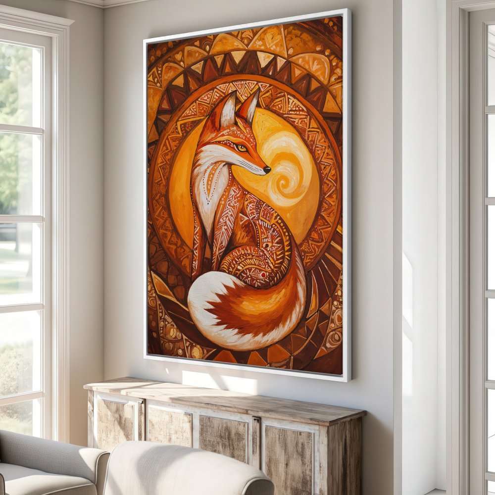 Framed Wall Art: Majestic fox painting in warm orange and brown tones, perfect for adding a touch of boho style to your home decor.