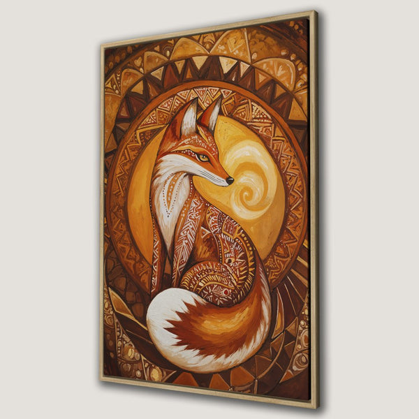 Framed Wall Art: Majestic fox print in warm orange and brown tones. Boho style canvas art for a cozy, artistic touch.