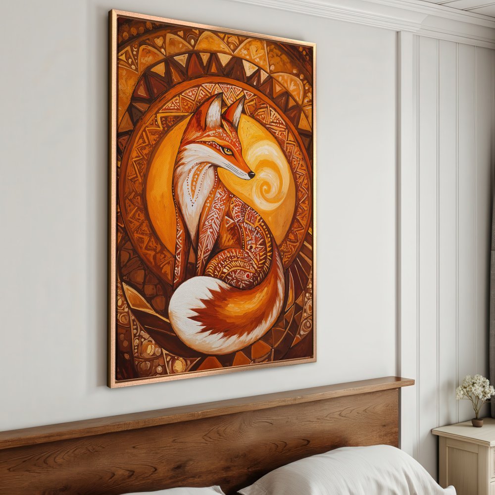 Framed Wall Art: Majestic fox art in warm orange & brown tones. Boho style Canvas Print adds a touch of nature & charm to your home decor.