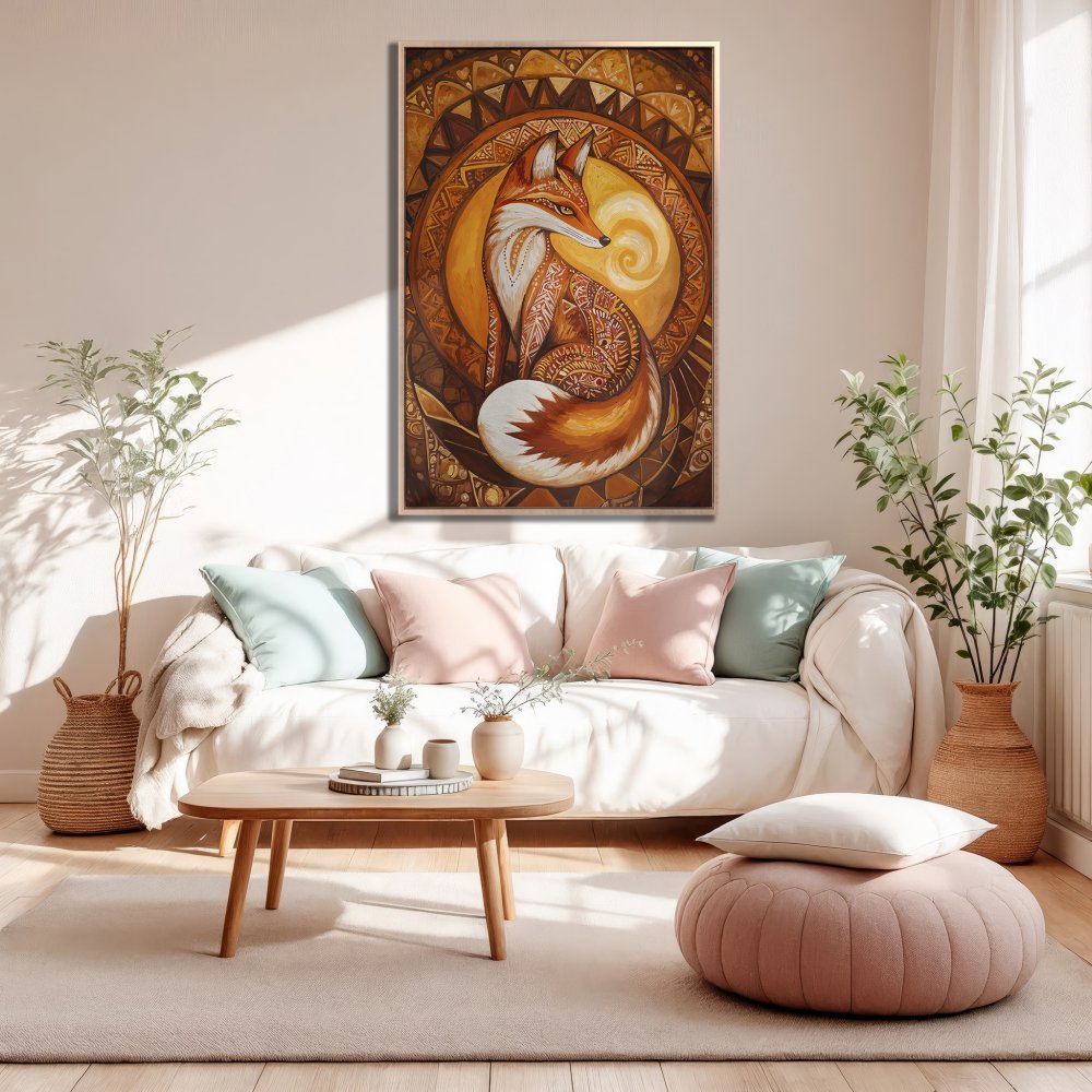 Framed Wall Art: Whimsical fox illustration in warm earth tones. Perfect for boho living rooms. Shop our Canvas Print collection today!