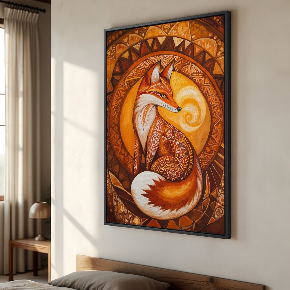 Framed Wall Art: Majestic fox illustration in warm orange and brown tones. Bohemian style Canvas Print perfect for adding a touch of nature to your home decor.