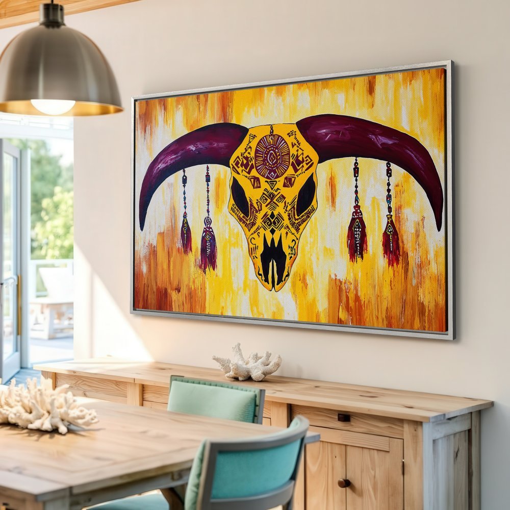 Framed Wall Art: Bold tribal skull canvas print in warm yellow & burgundy tones. Perfect statement piece for modern boho decor. Shop now!