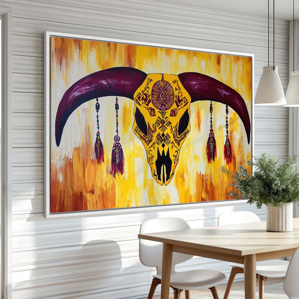Framed Wall Art: Bold bull skull canvas print in vibrant yellow, orange, and purple hues. Modern, artistic statement piece for your home decor.