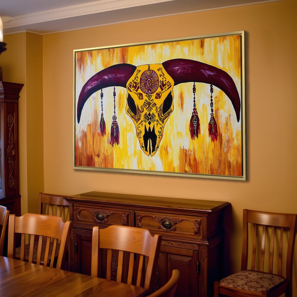 Boho-chic Canvas Print: Tribal bull skull art in yellow, purple, and gold. Elevate your living room with this stunning wall art.