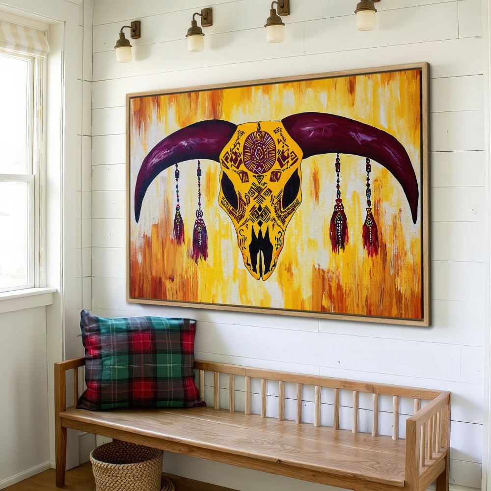 Framed Wall Art: Bold bull skull canvas print in warm yellow & burgundy tones. Add a touch of boho style to your space!