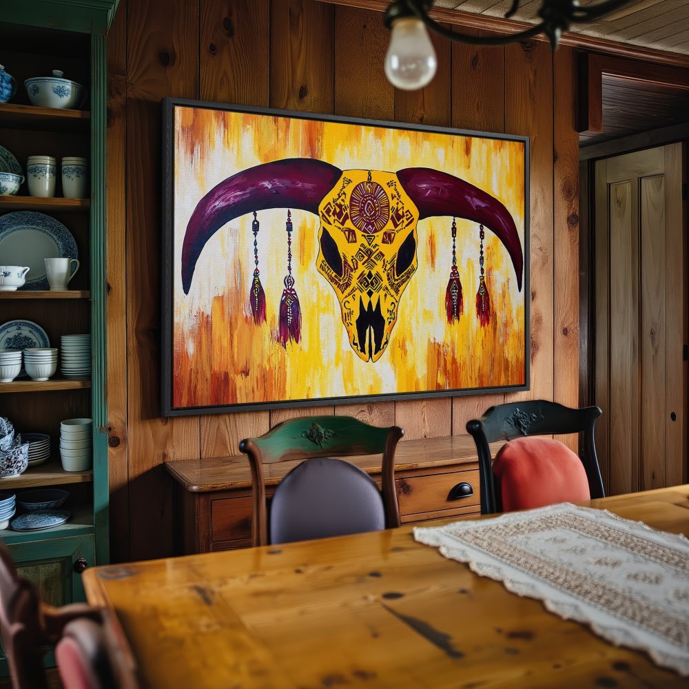 Framed Wall Art: Tribal skull canvas print in a rustic interior. Vibrant yellow, orange, and purple palette. Elevate your home decor!