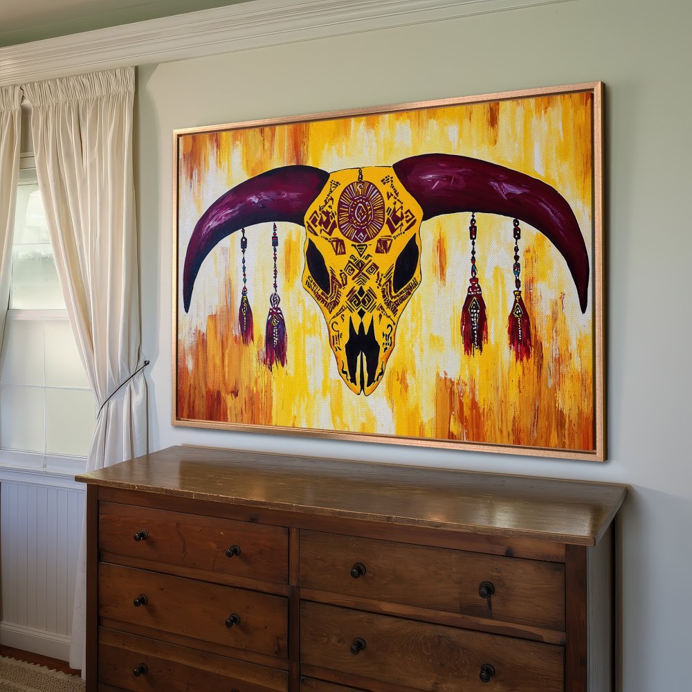 Framed Wall Art: Bold yellow & burgundy bull skull canvas print. Boho style art with warm, earthy color palette. Perfect for living room decor.