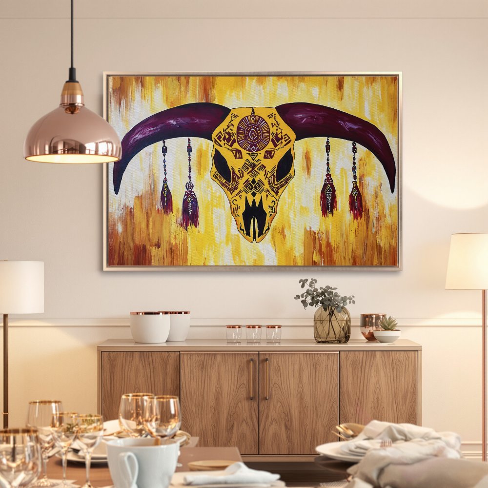 Framed Wall Art: Tribal bull skull painting in warm yellow and burgundy tones, perfect for adding a touch of boho style to your home decor.