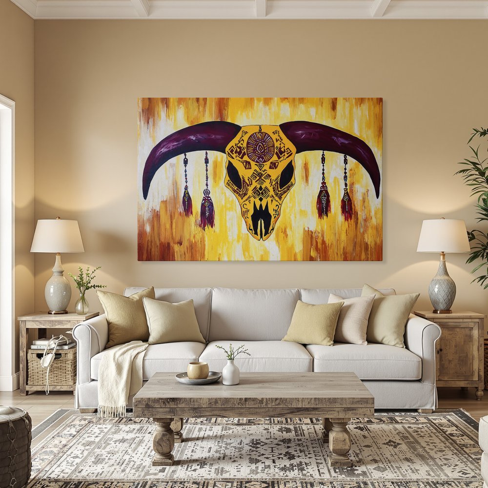 Framed Wall Art: Bold bull skull Canvas Print in warm yellow, red, and gold tones. Southwestern style art to elevate your home decor.