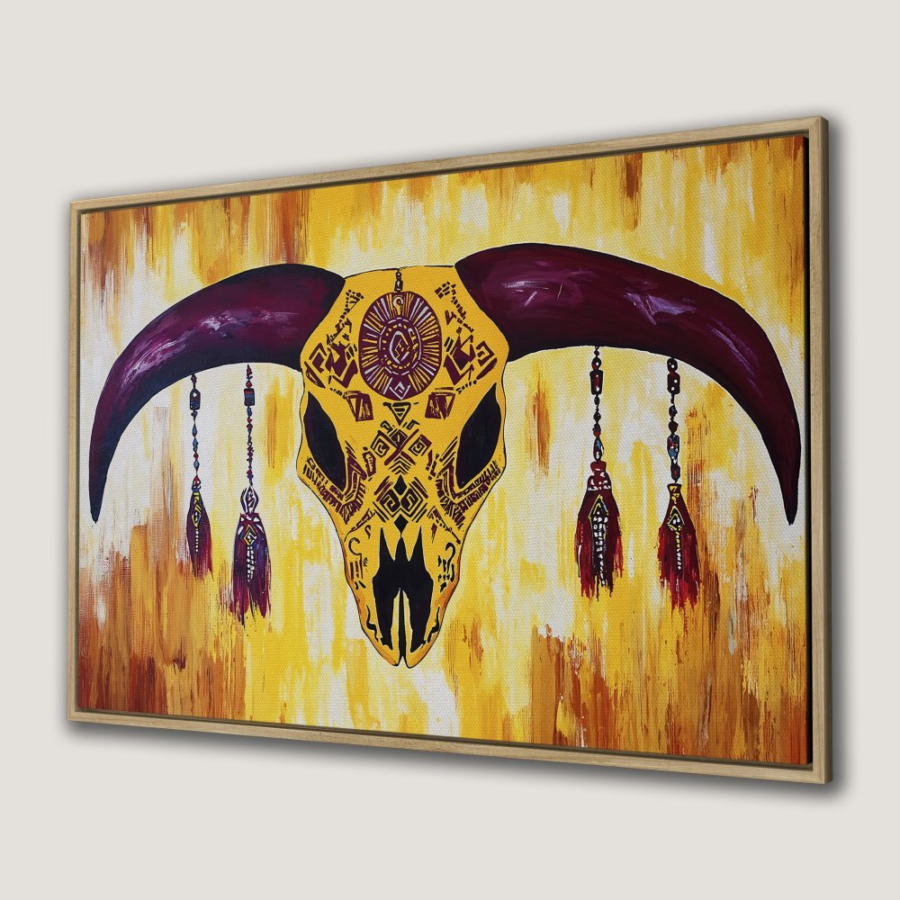 Framed Wall Art: Boho skull Canvas Print in yellow and burgundy. Add a touch of Southwestern style to your home decor.