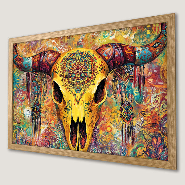Framed Poster featuring a vibrant bull skull artwork in a colorful, abstract style. Perfect for adding a bold statement to any space.