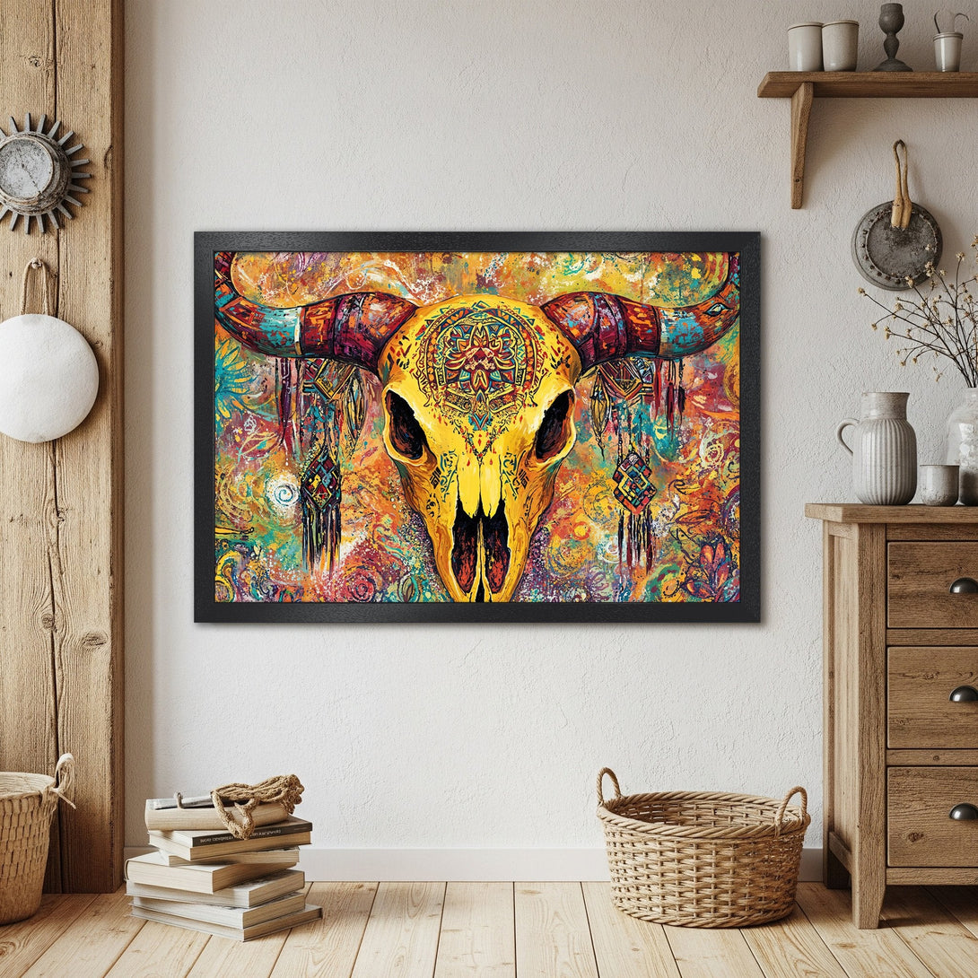 Framed Poster of a vibrant, boho-style bull skull art print with a colorful, warm palette. Perfect for home decor!