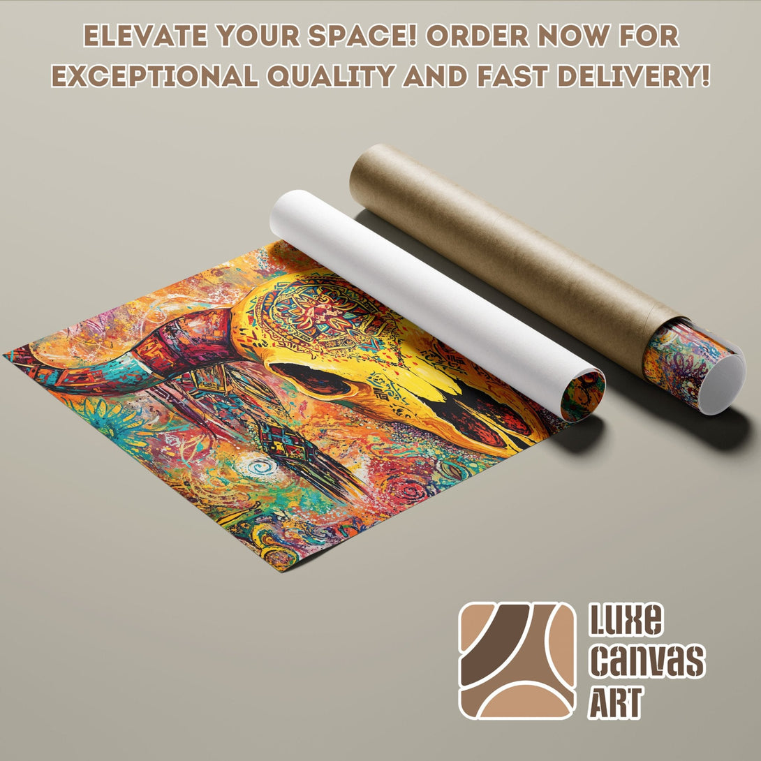 Vibrant Poster Roll featuring a colorful skull art piece. Warm palette of yellows, oranges, and blues. Elevate your space!