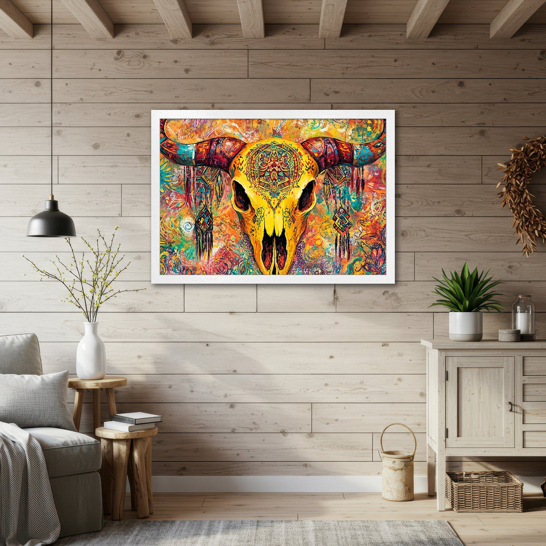 Framed Poster featuring a vibrant, colorful bull skull art print. Bohemian style with a warm, eclectic color palette. Perfect wall decor!