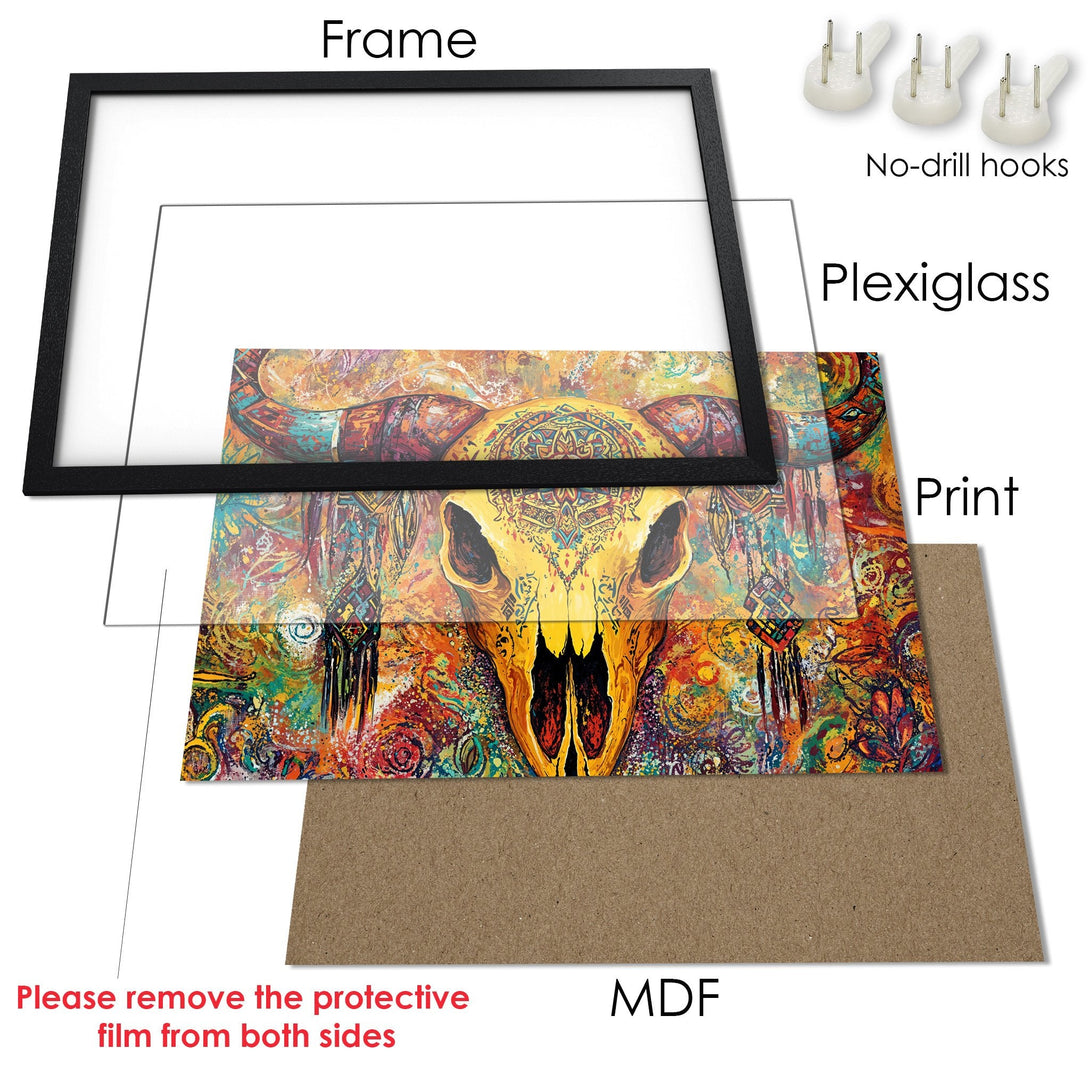 Framed Poster featuring a vibrant skull art print. Colorful, bohemian style with warm, earthy tones. Perfect wall decor!
