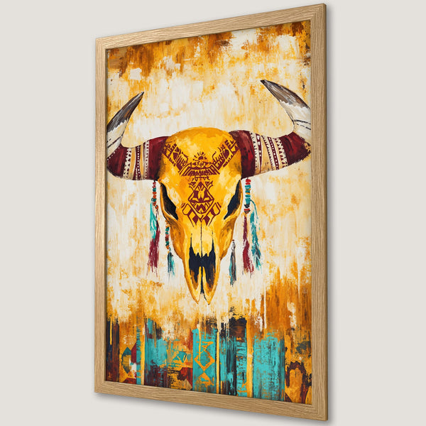 Framed Poster of a vibrant bull skull art print. Features an abstract style with a warm yellow, red, and turquoise color palette. Perfect wall decor.