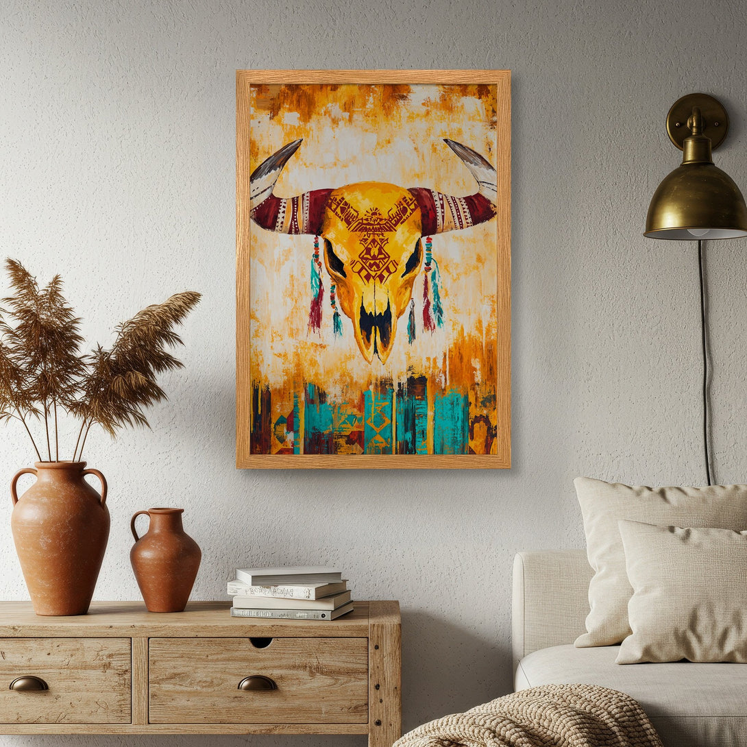 Framed Poster featuring a vibrant bull skull artwork in a boho style with a warm yellow, orange, and turquoise color palette.