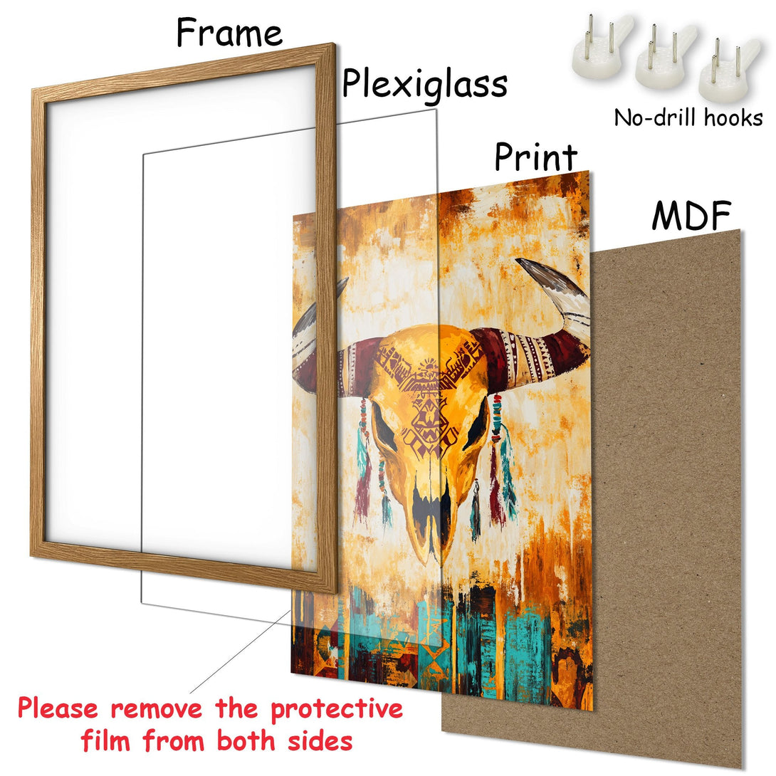 Framed Poster featuring a bull skull in warm, earthy tones with teal accents. Rustic, artistic style. Ready to hang!