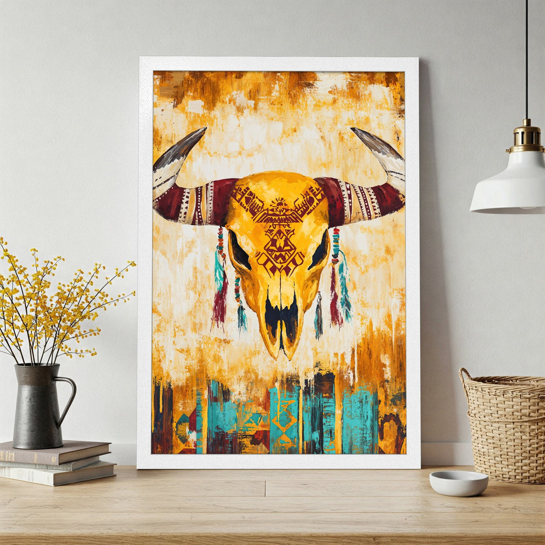 Framed Poster featuring a vibrant bull skull art print in a warm, earthy color palette. Perfect boho decor for your home!