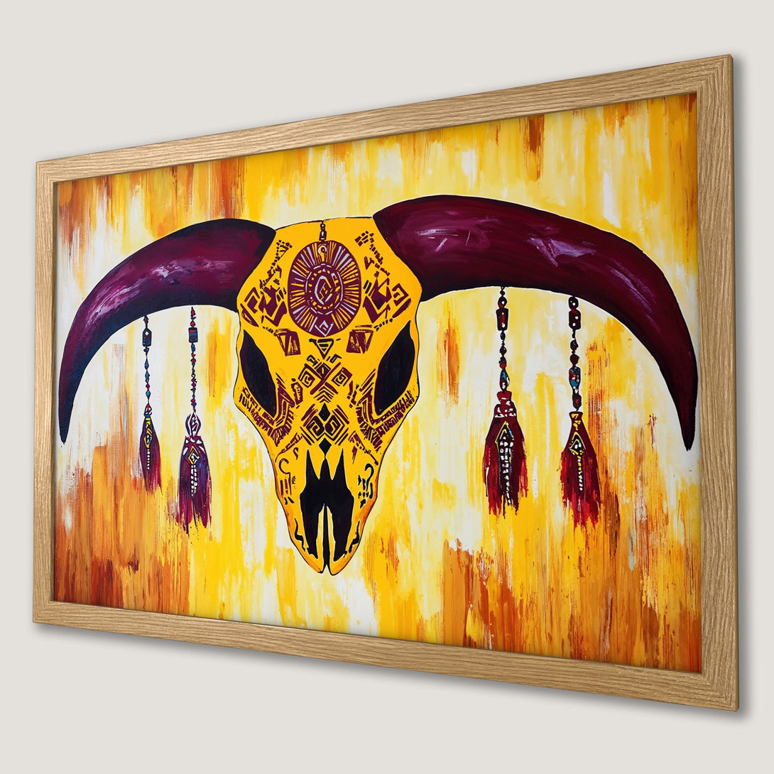 Framed Poster featuring a vibrant skull art print in yellow, burgundy, and gold. Perfect wall decor!